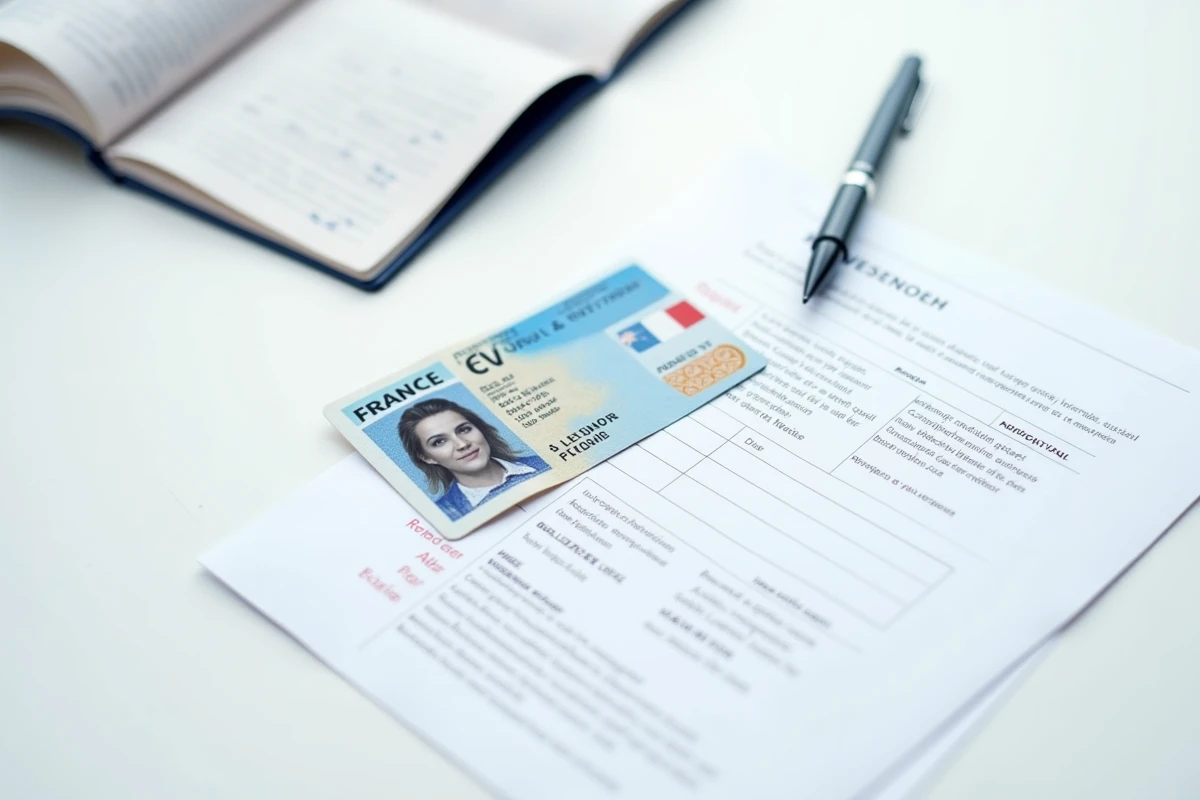 Vue de dessus d'un permis de conduire posé à côté d'un CV et d'un stylo sur un bureau blanc