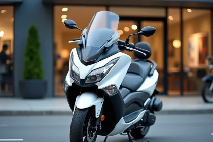 Yamaha TMAX 750 blanc garé devant une concession moto en milieu urbain, vue en angle 3/4 avant mettant en valeur le design aérodynamique
