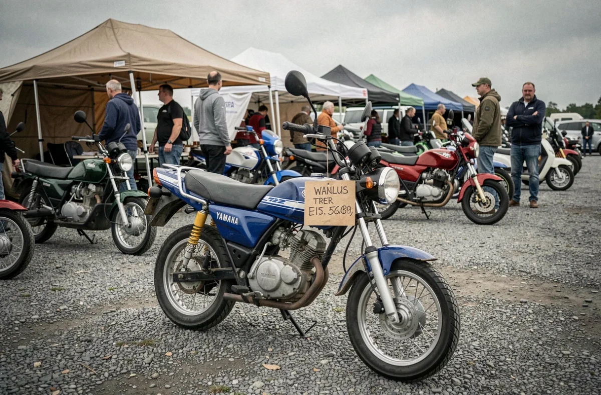 Yamaha TZR 50cc exposée sur un marché de motos d'occasion en plein air avec étiquette de prix manuscrite et visiteurs en arrière-plan